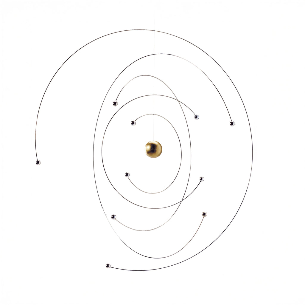 Model of planetary orbits with a central sun on a white background