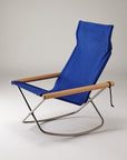 A blue canvas rocking chair with a steel frame and solid beechwood handles.