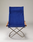 Blue folding chair with wooden armrests on a gray background