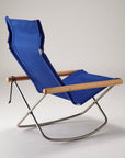 Blue folding chair with wooden armrests on a gray background