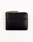 Black leather wallet with gold zipper on a white background