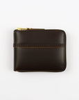 Brown leather wallet with gold zipper on a white background