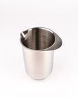 A stainless steel pouring cup with measurement markings, shown on a clean white background.