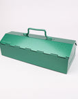 Green metal toolbox with a handle on a white background