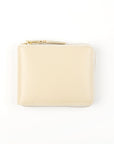 An ivory white leather wallet with a zipper closure and gold-toned metal hardware.