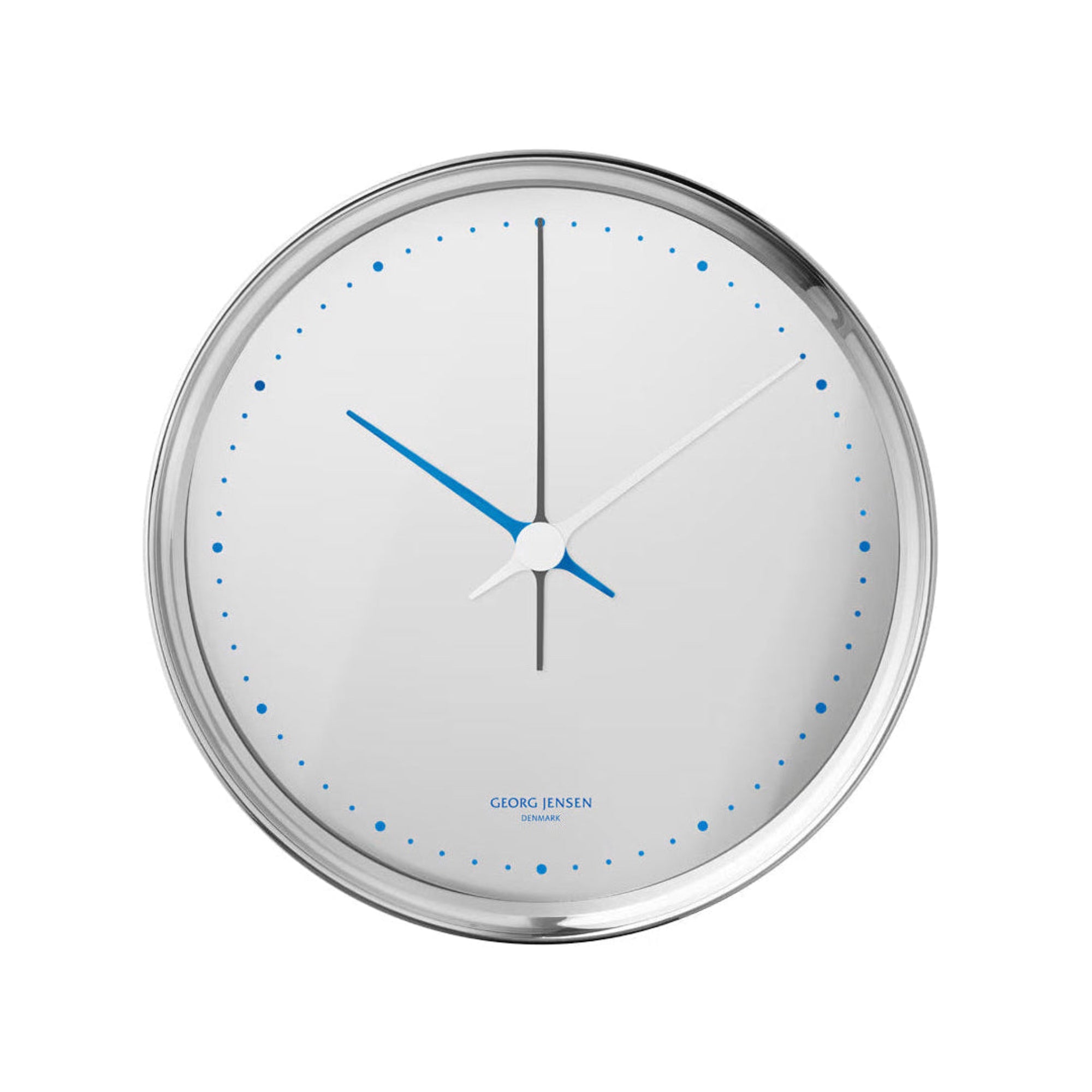 Round wall clock with blue accents on a white background