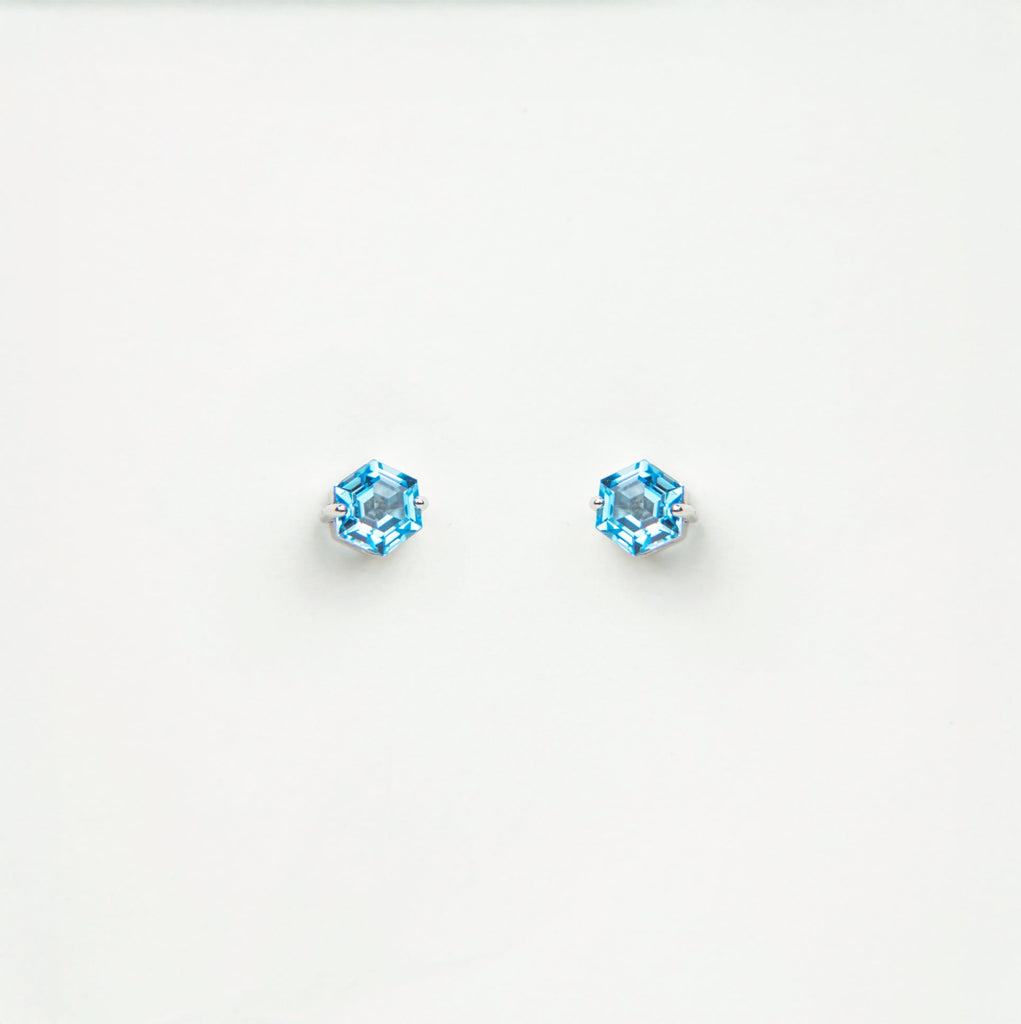 Pair of blue gemstone stud earrings on a white background