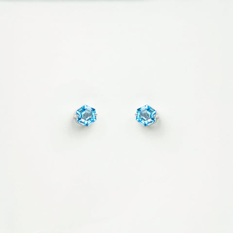 Pair of blue gemstone stud earrings on a white background