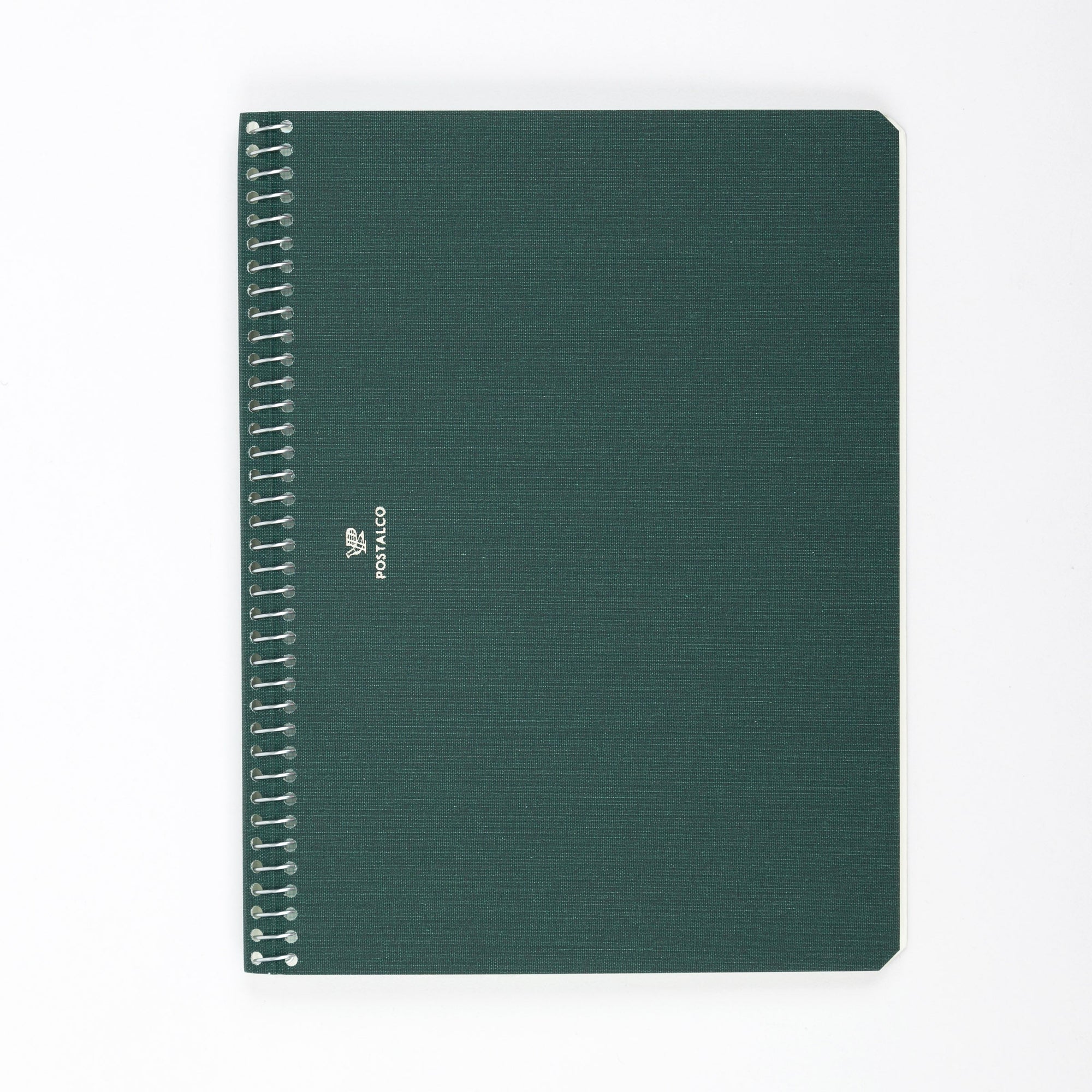 A green A5 large notebook with a binding and a small logo embossed on the front.