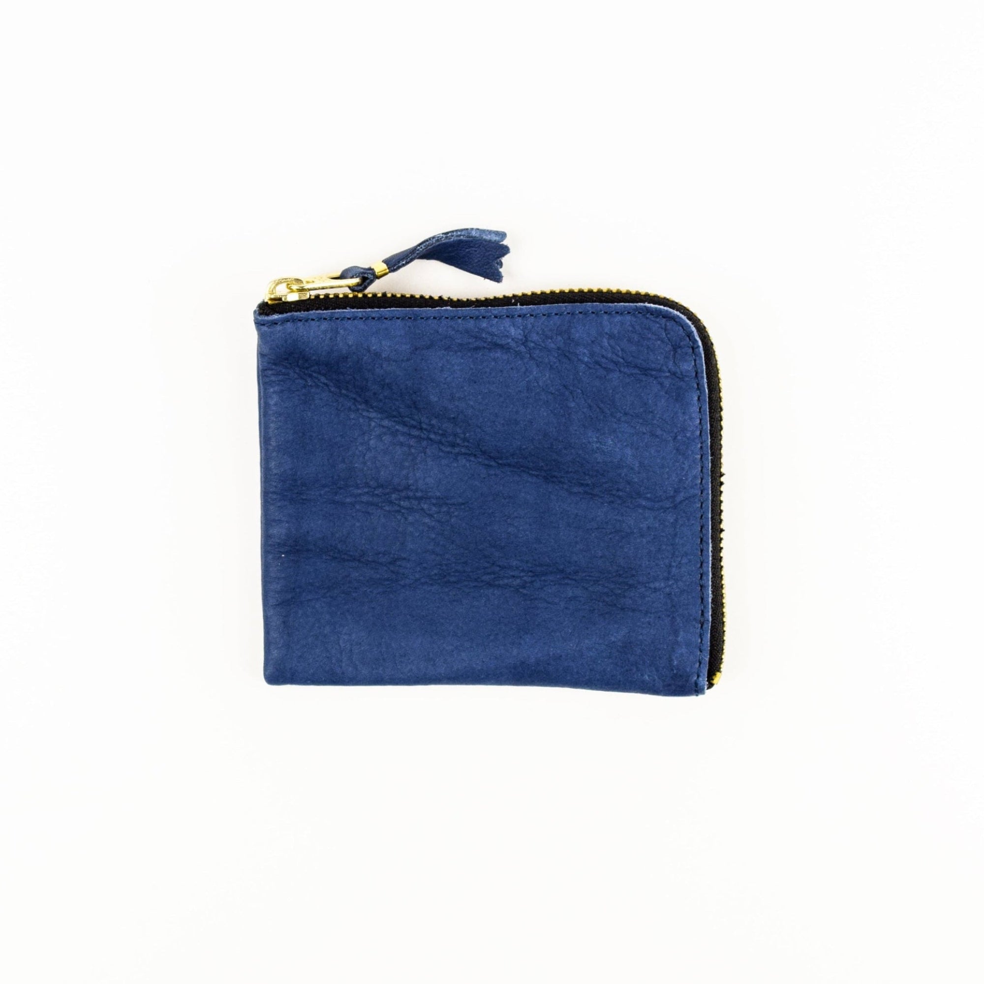 Blue wallet with distressed texture with a gold zipper on a white background