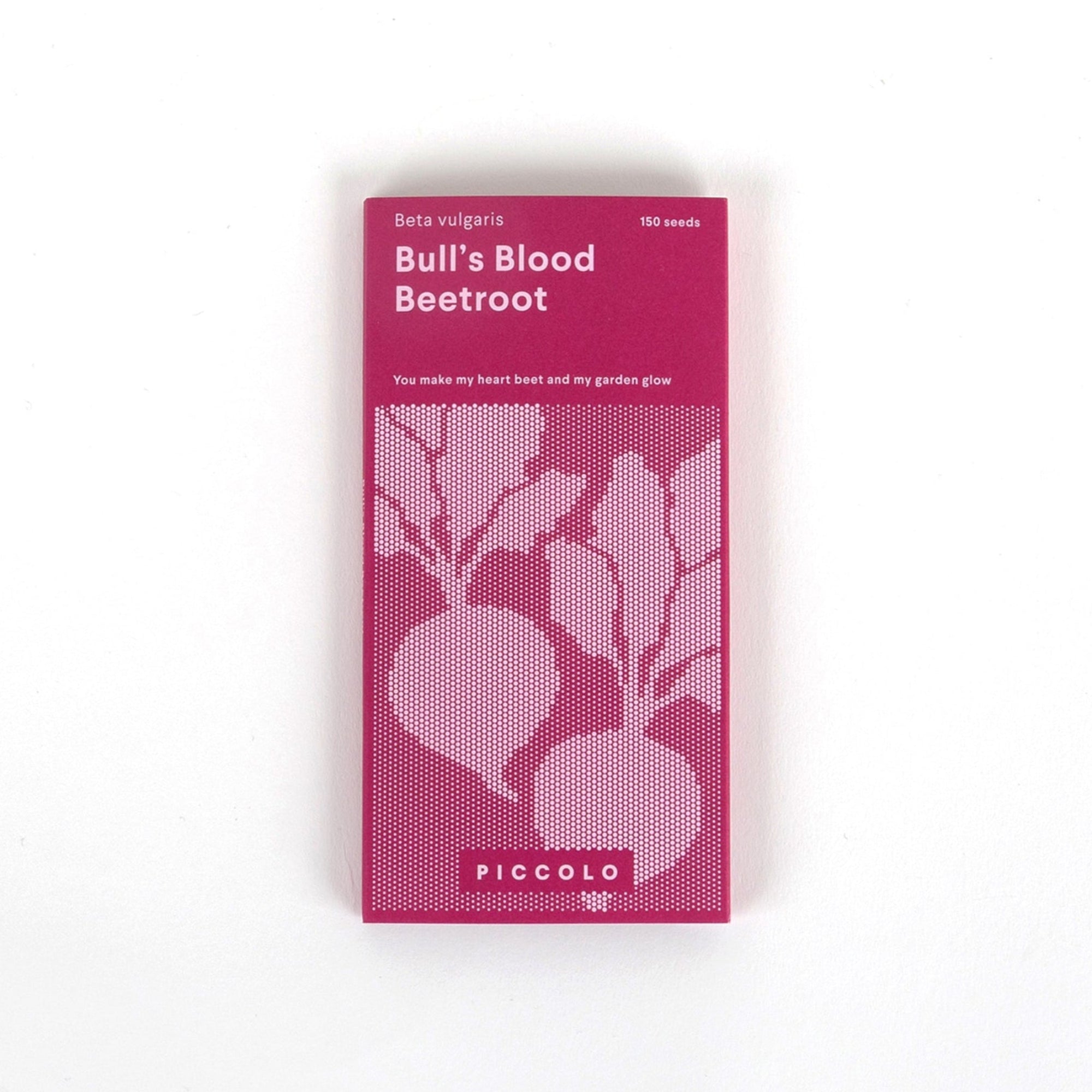 A package of Piccolo Bulls Blood Beetroot seeds with a pink background and illustrations of beetroot plants.