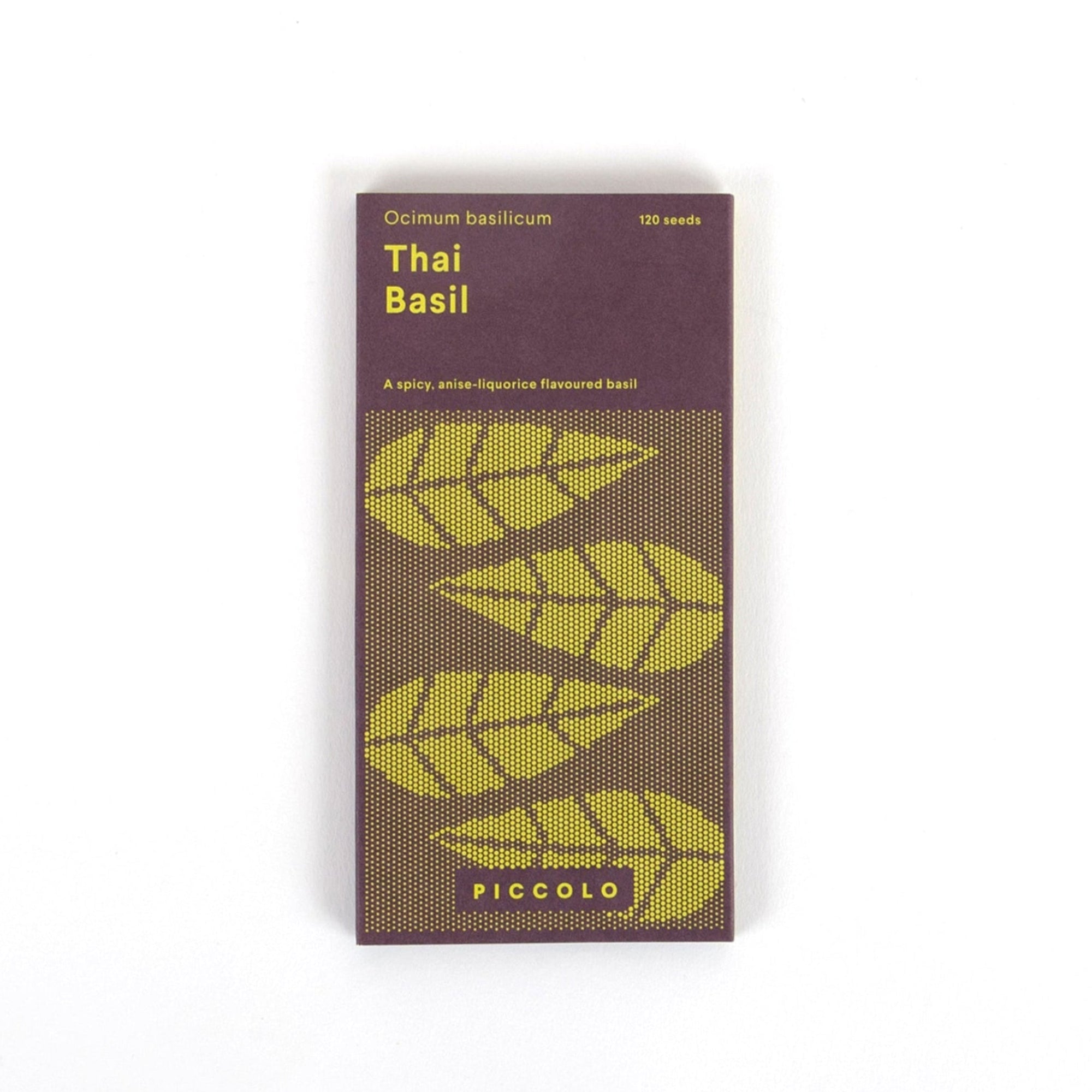 A package of Piccolo Thai Basil seeds with a purple and green color scheme and leaf patterns.