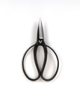 A pair of black garden scissors with carbon steel blades and black plastic handles.