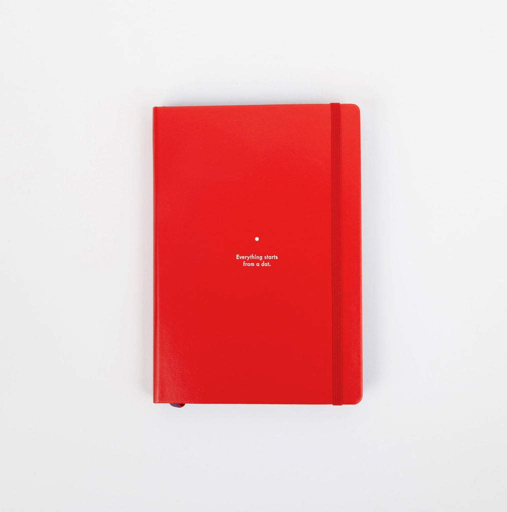 Red notebook with text on a white background