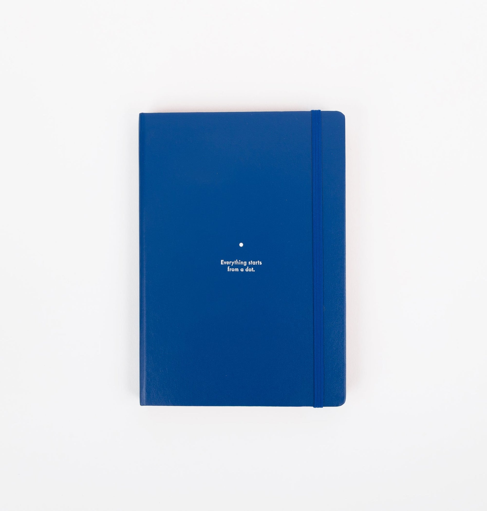 Blue notebook with text on a white background
