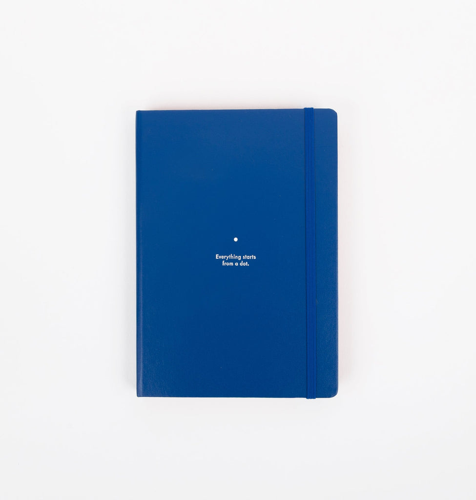 Blue notebook with text on a white background