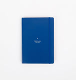 Blue notebook with text on a white background