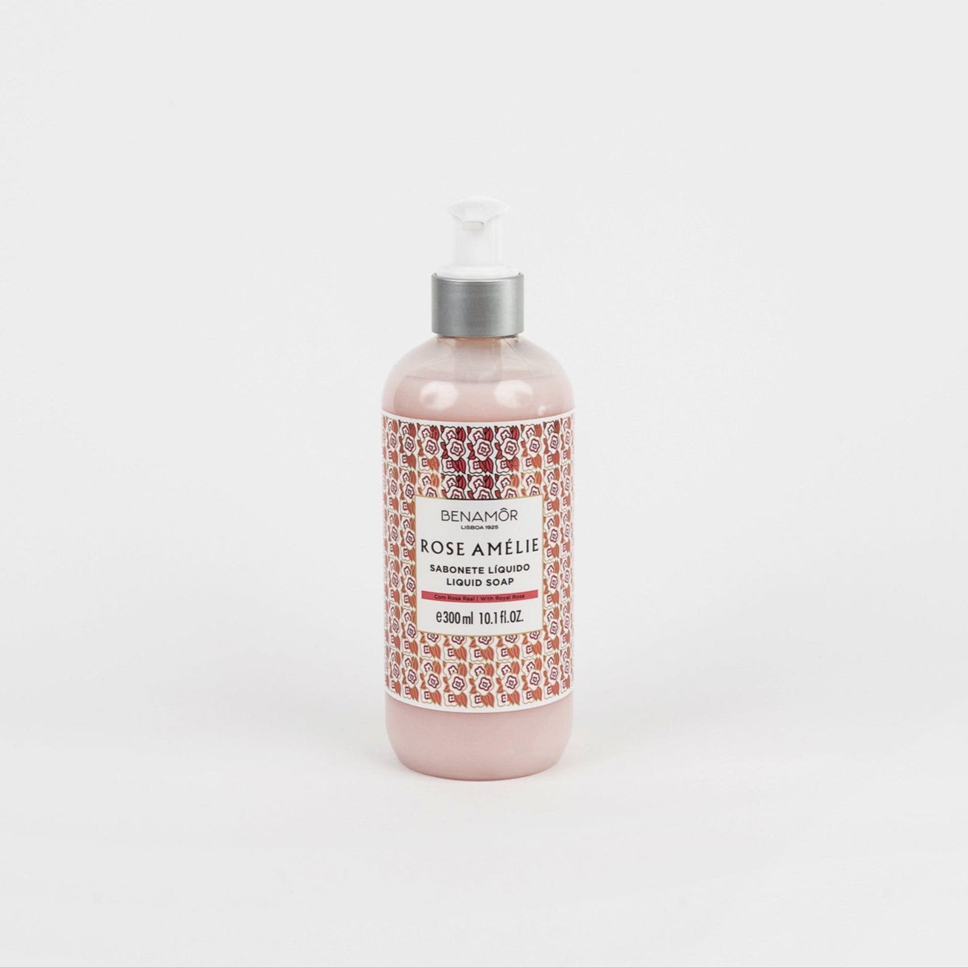 Bottle of Benamor Rose Amelie liquid hand soap on a white background