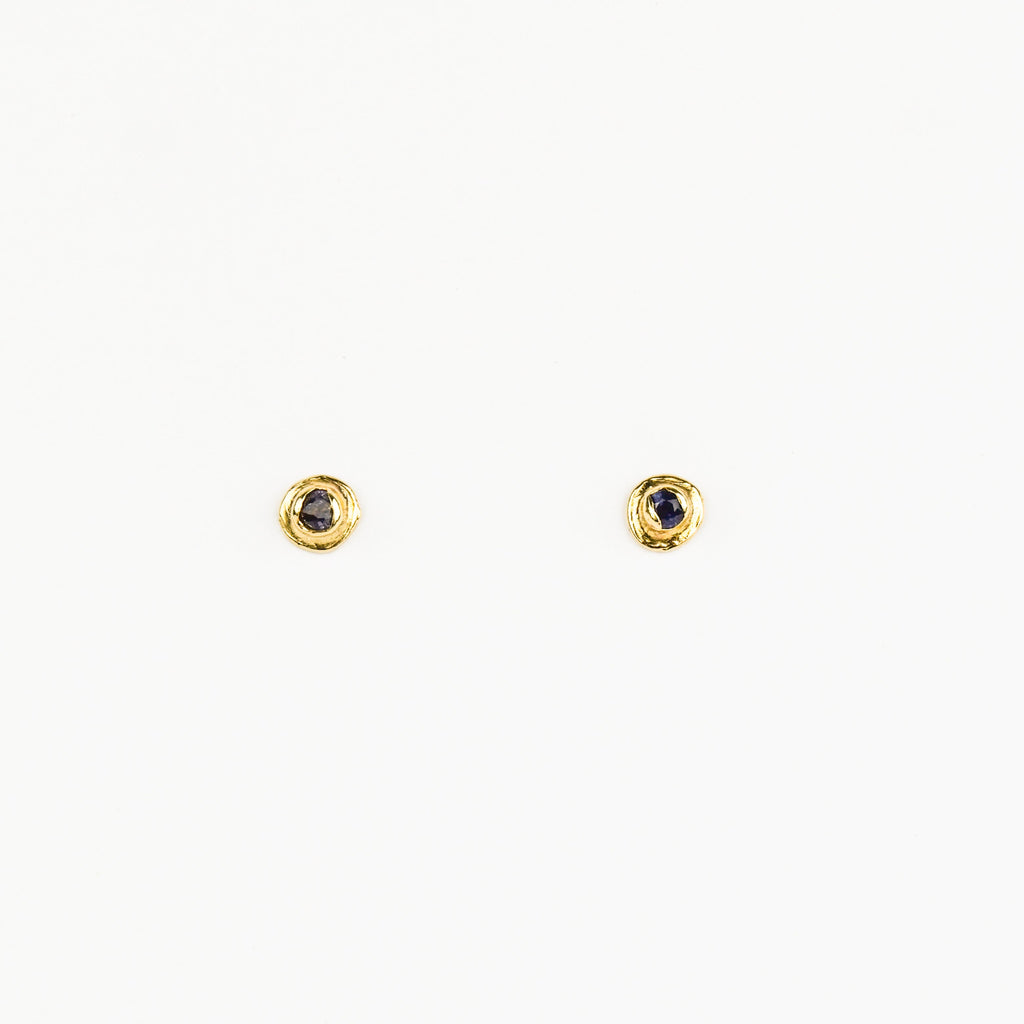 Pair of gold earrings with gemstones on a white background