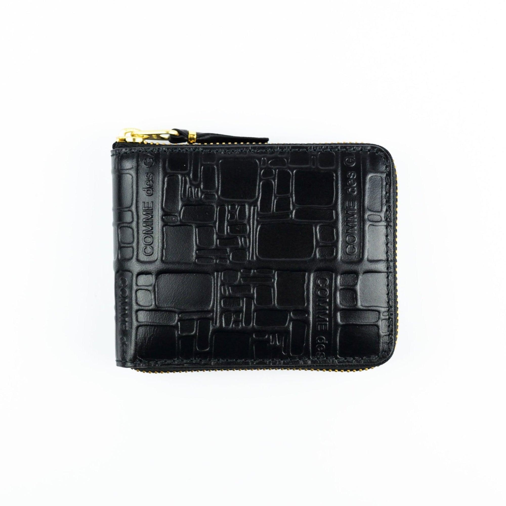 Black textured wallet with gold zipper on a white background
