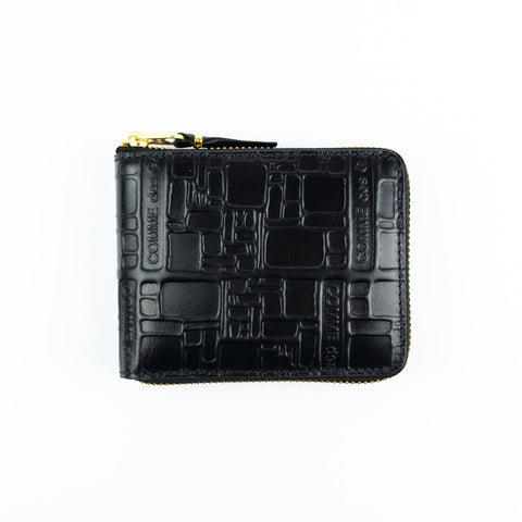 Black textured wallet with gold zipper on a white background