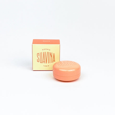 Peach-colored container with a matching box labeled 'Suavina' on a white background