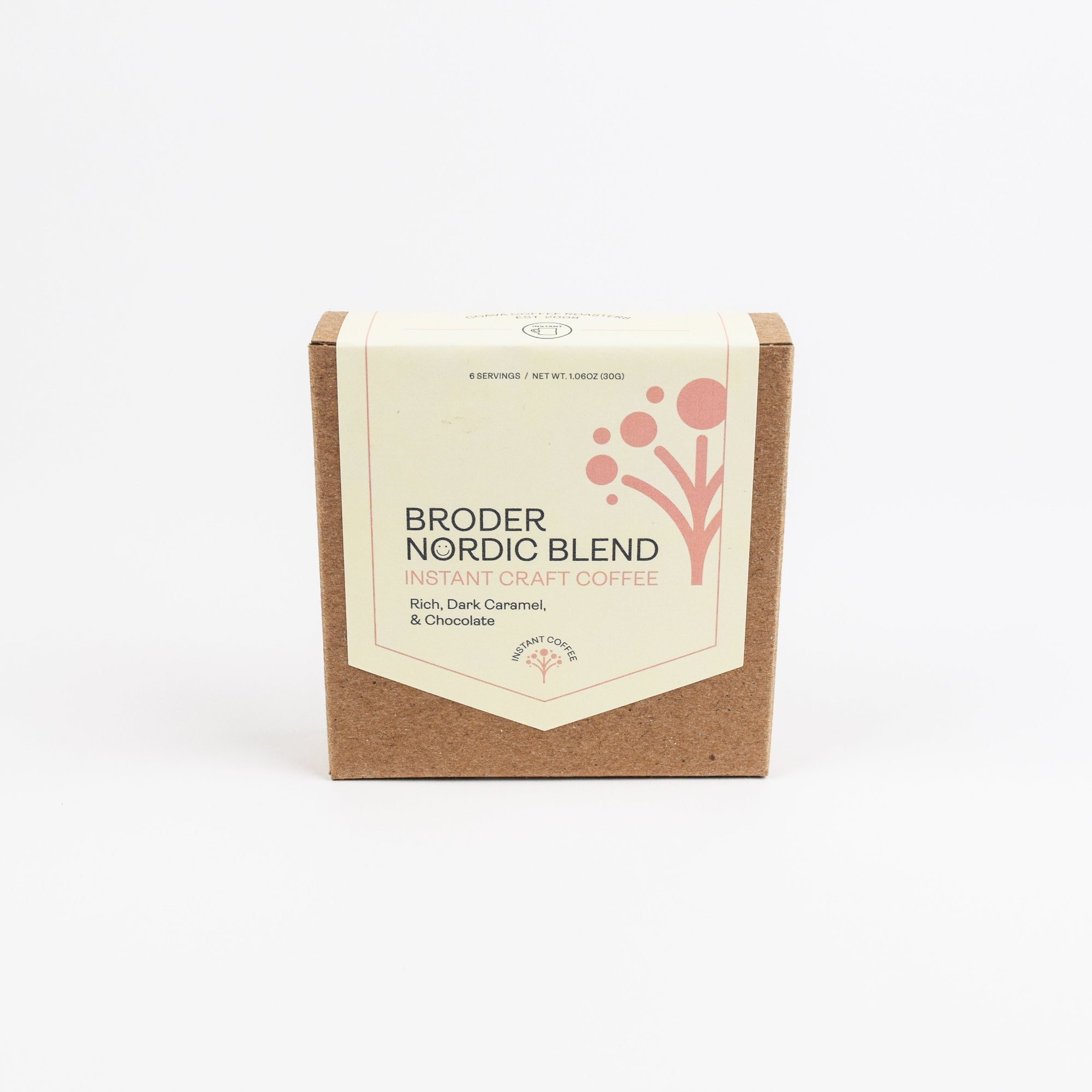 Kraft paper packaging with a label for 'Broder Nordic Blend' on a white background