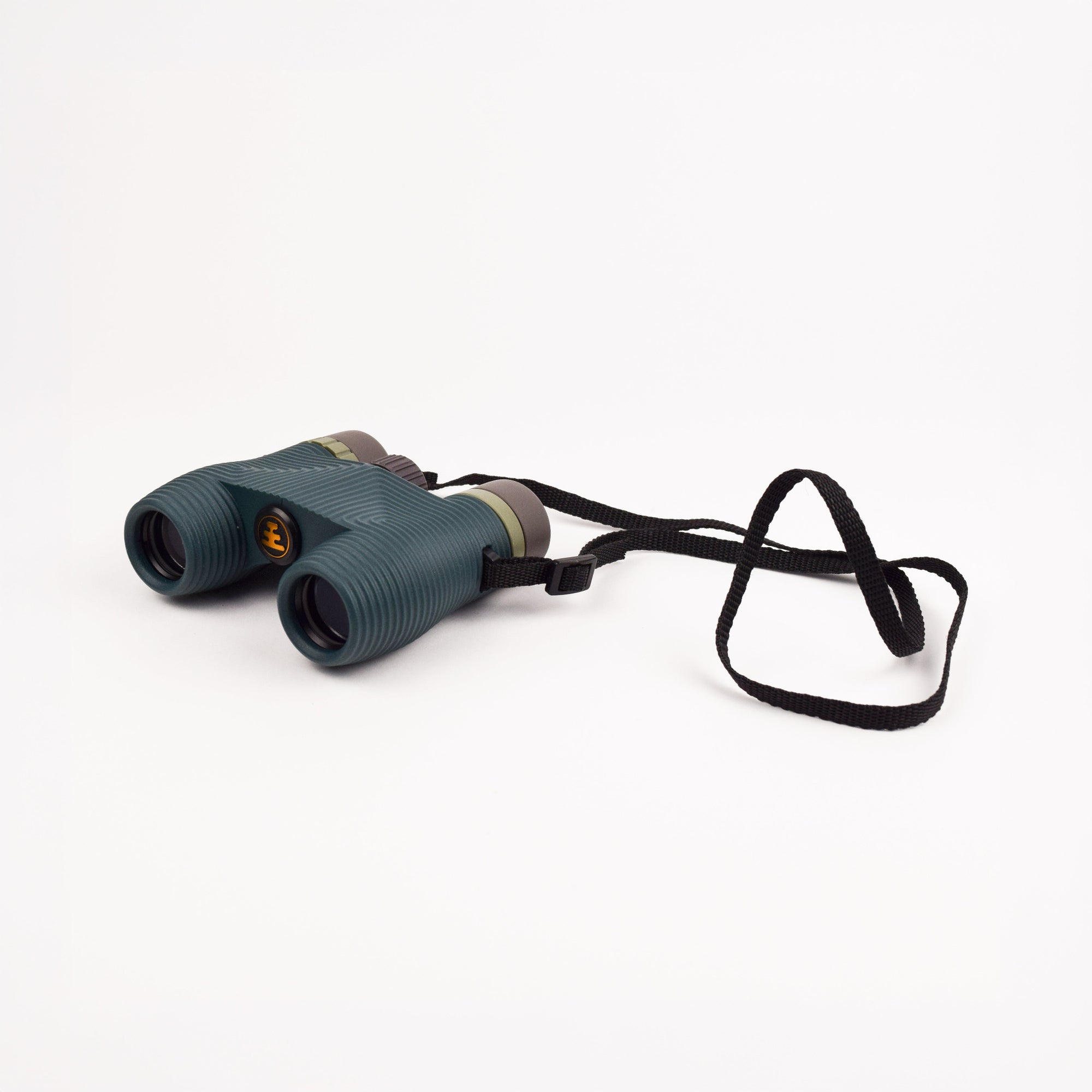 Pair of binoculars with a strap on a white background