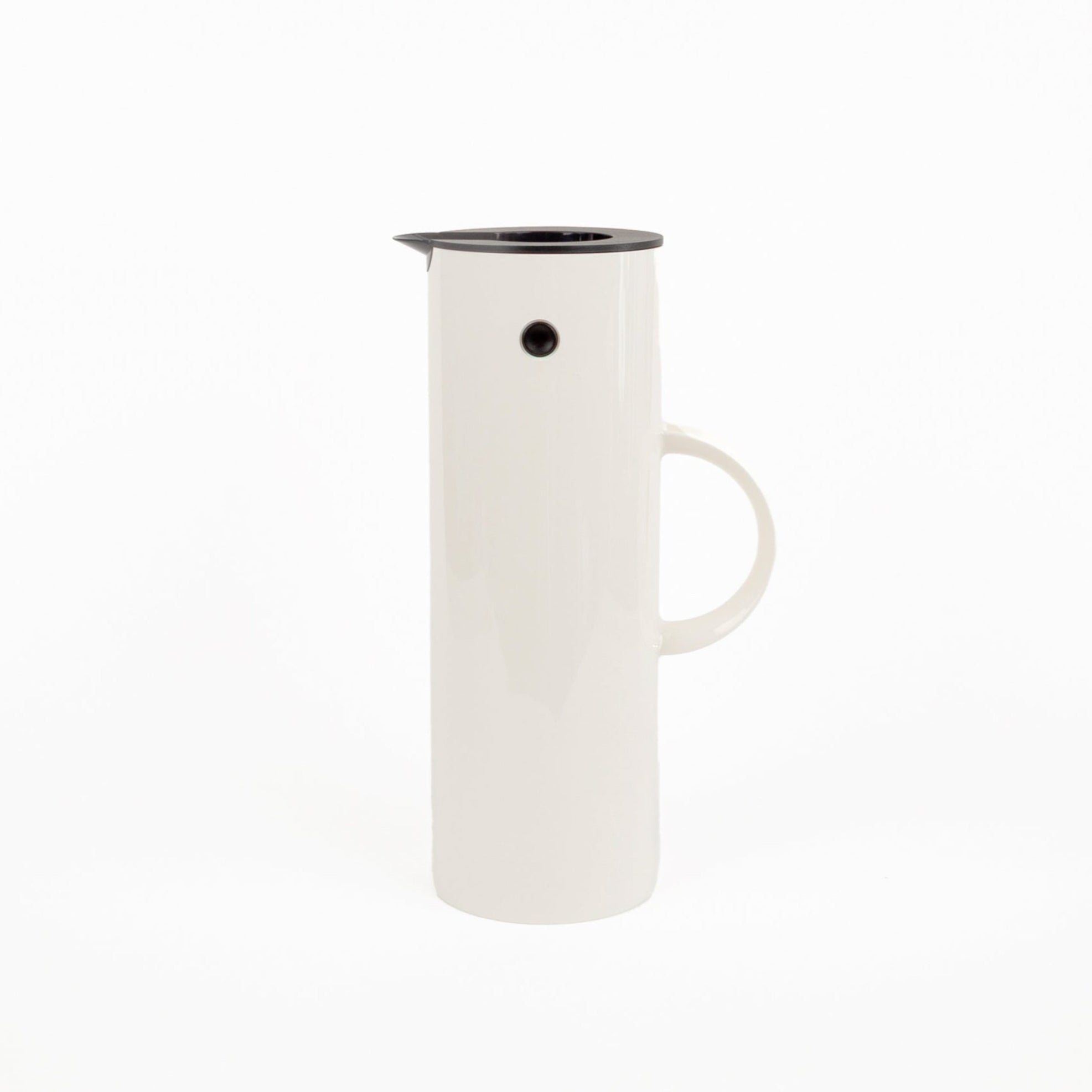 White plastic thermal pitcher with black rim on a white background