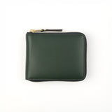 Green wallet with a gold zipper on a white background