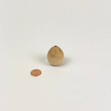 Small wooden vase next to a penny on a white background
