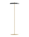 Modern floor lamp with dark grey shade and gold base on a white background
