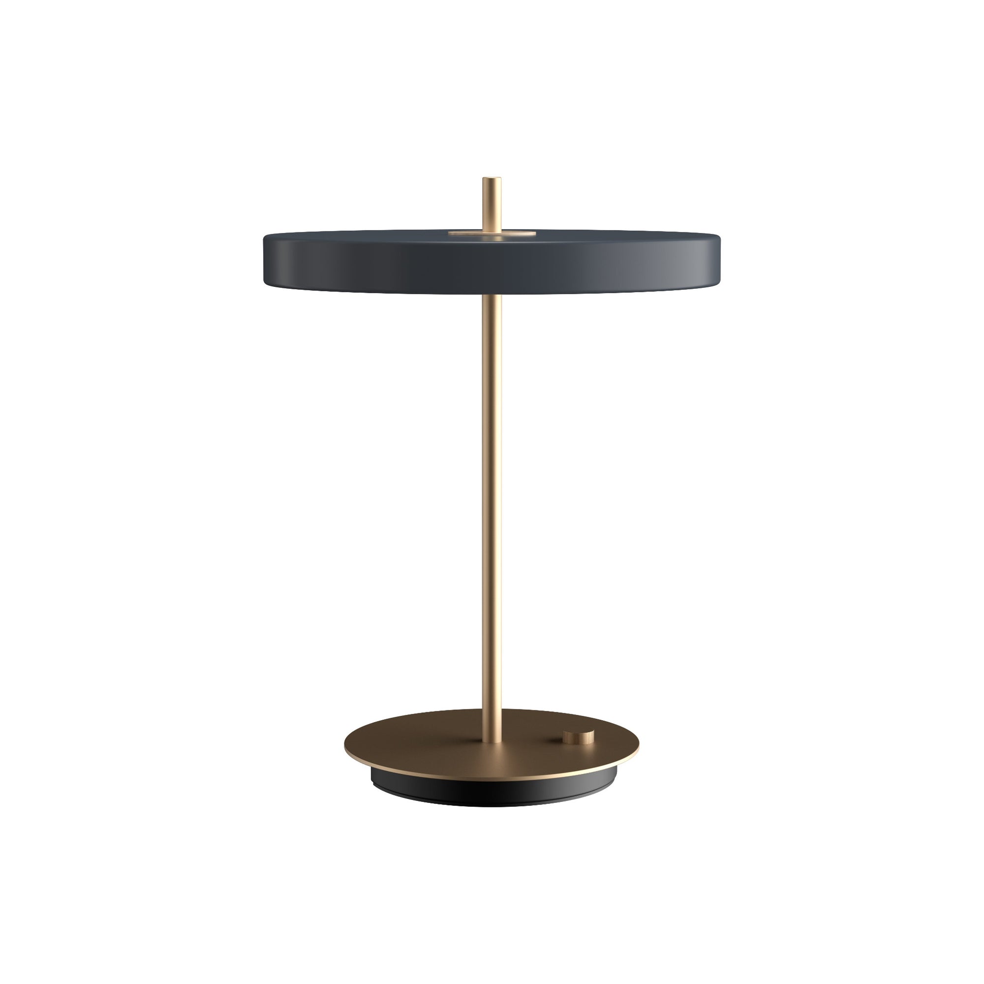 Modern table lamp with black shade and gold base on a white background