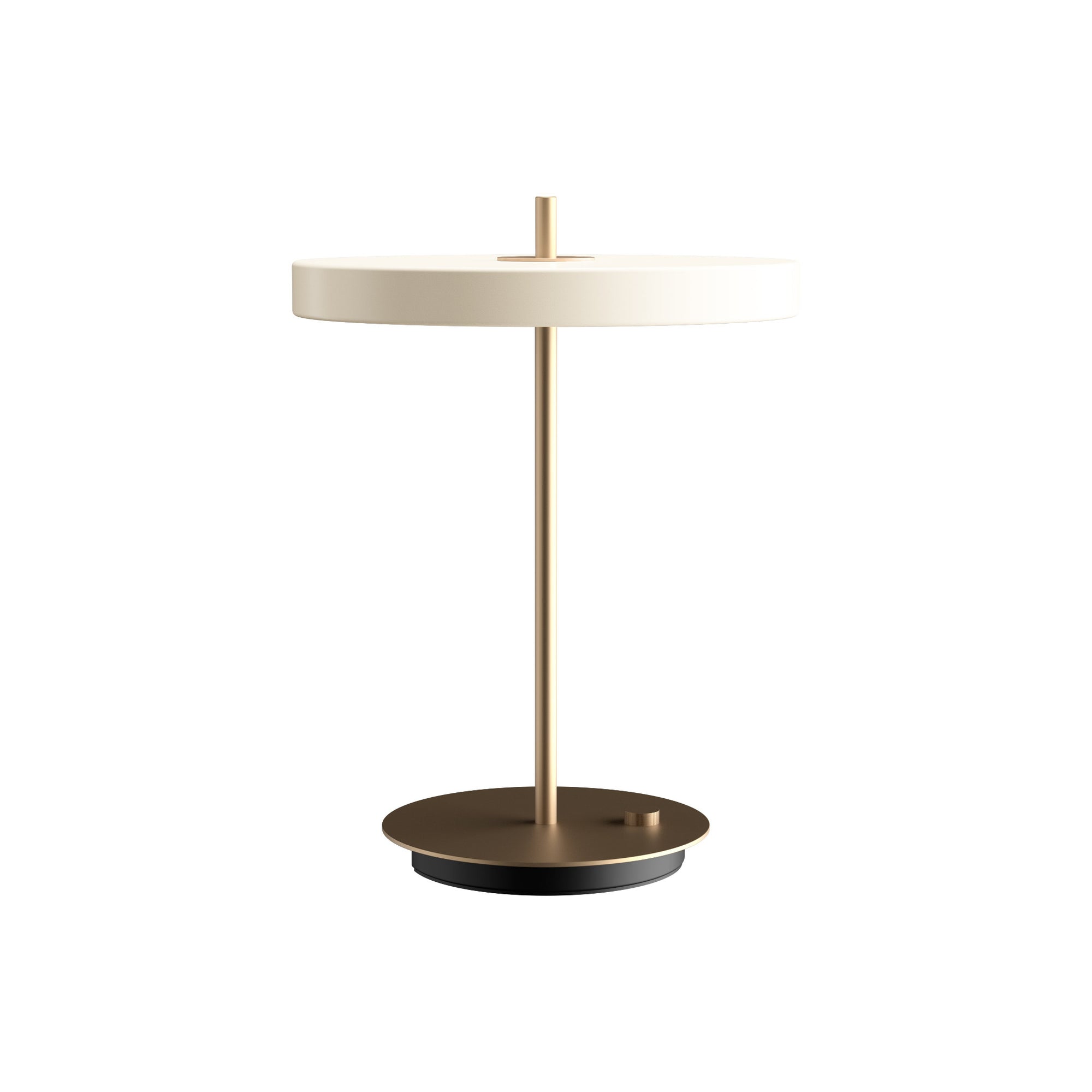 A modern table lamp with a circular off-white shade, a slim brass-colored metal stem, and a round dark bronze base, shown against a solid white background.