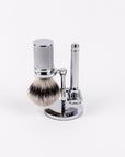 Shaving brush with stand and holder on a white background