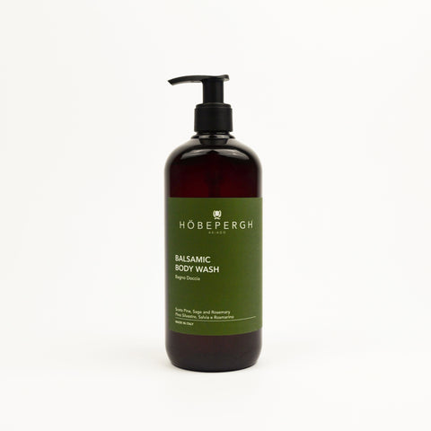 Bottle of Hobepergh balsamic body wash on a white background