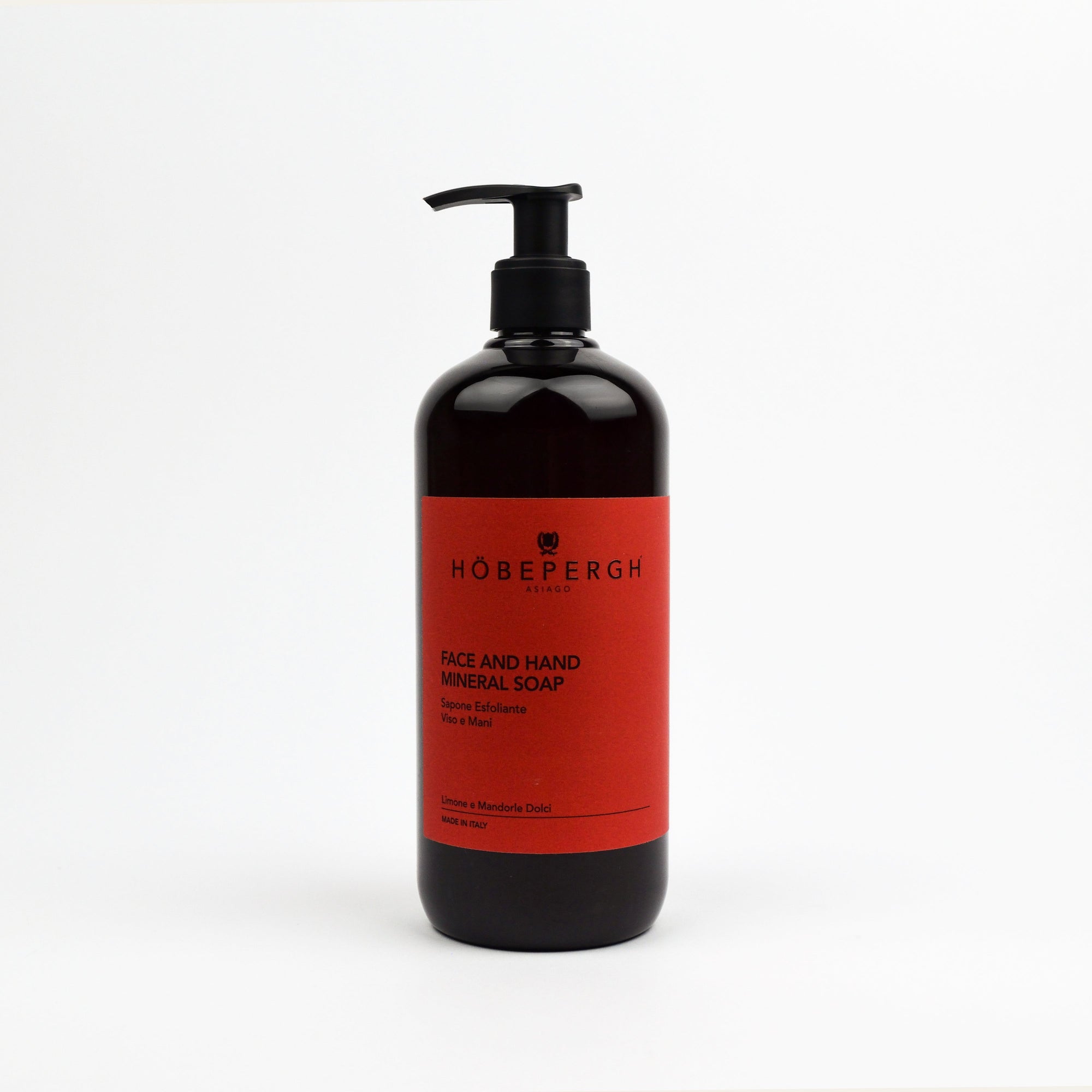 Bottle of Hobepergh face and hand mineral soap on a white background