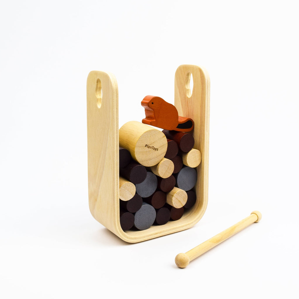Wooden toy with cylindrical beads and a small animal figure on a white background