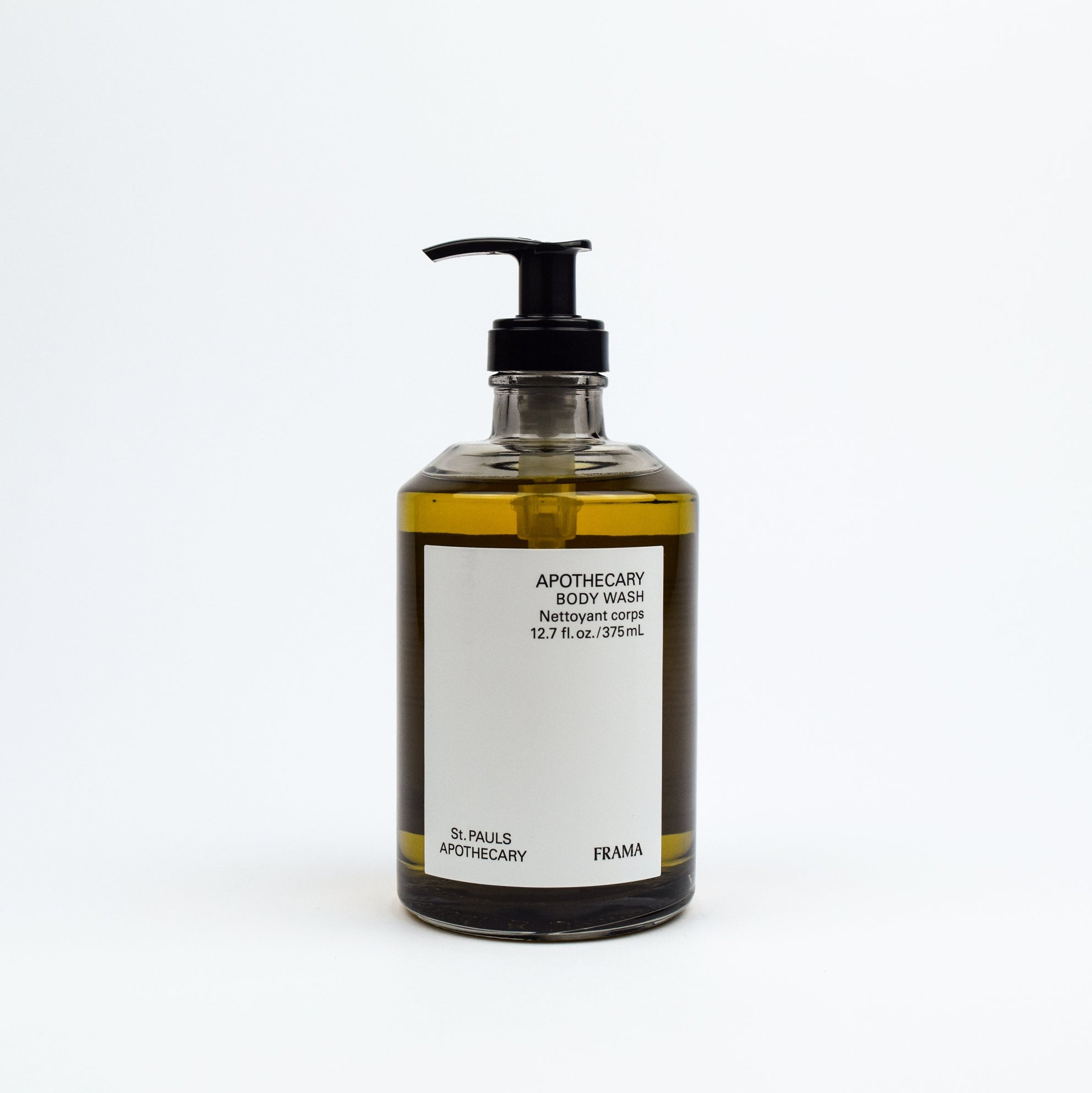 Bottle of Apothecary body wash with pump on a white background
