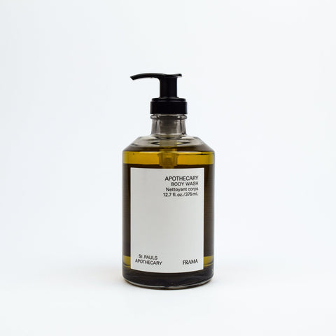 Bottle of Apothecary body wash with pump on a white background