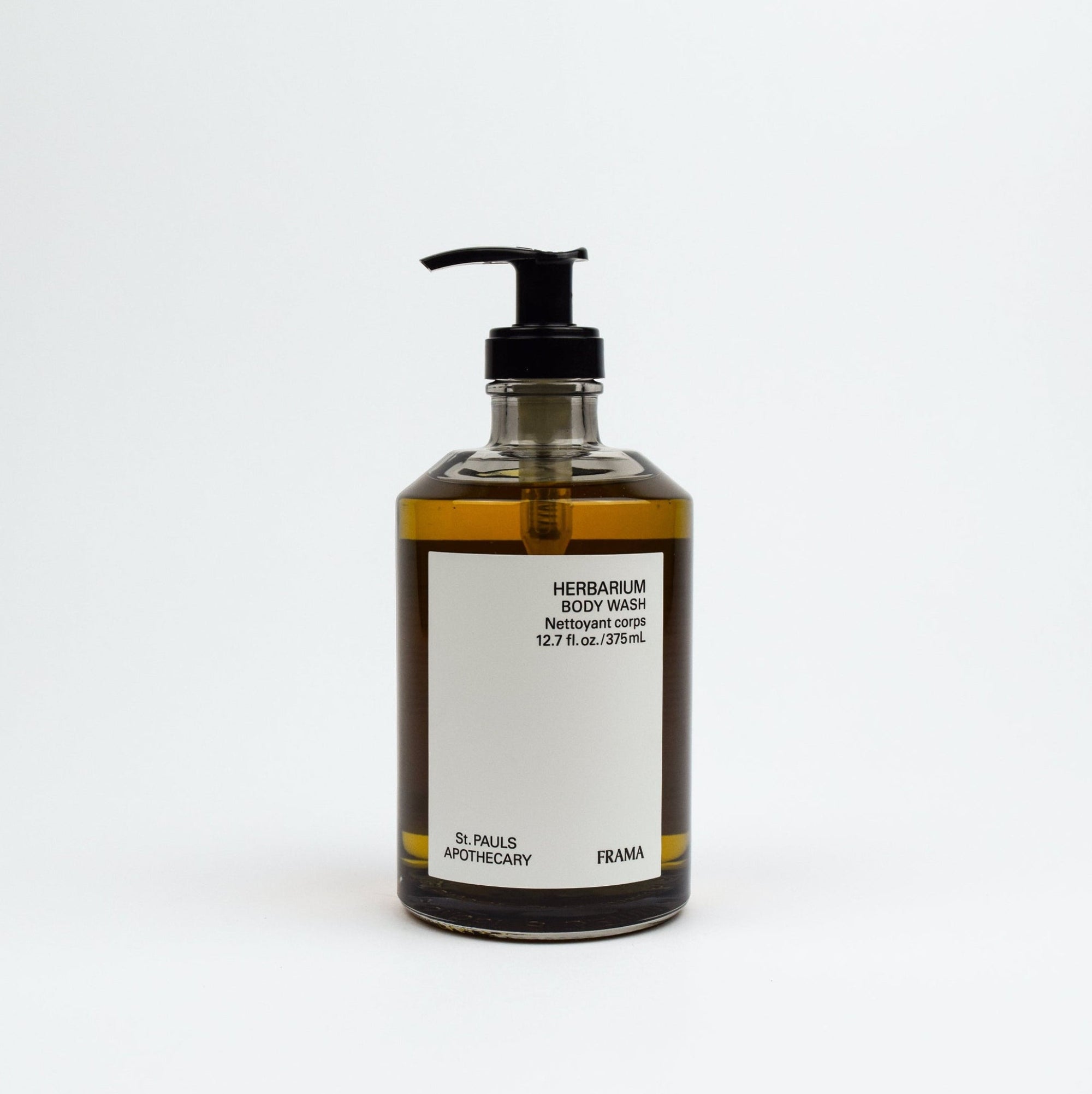 Bottle of body wash with pump on a white background