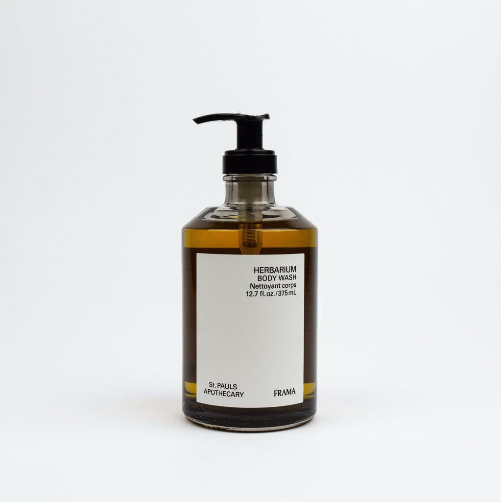 Bottle of body wash with pump on a white background