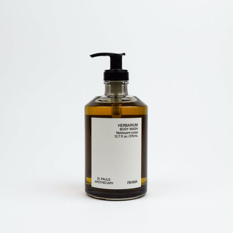 Bottle of body wash with pump on a white background