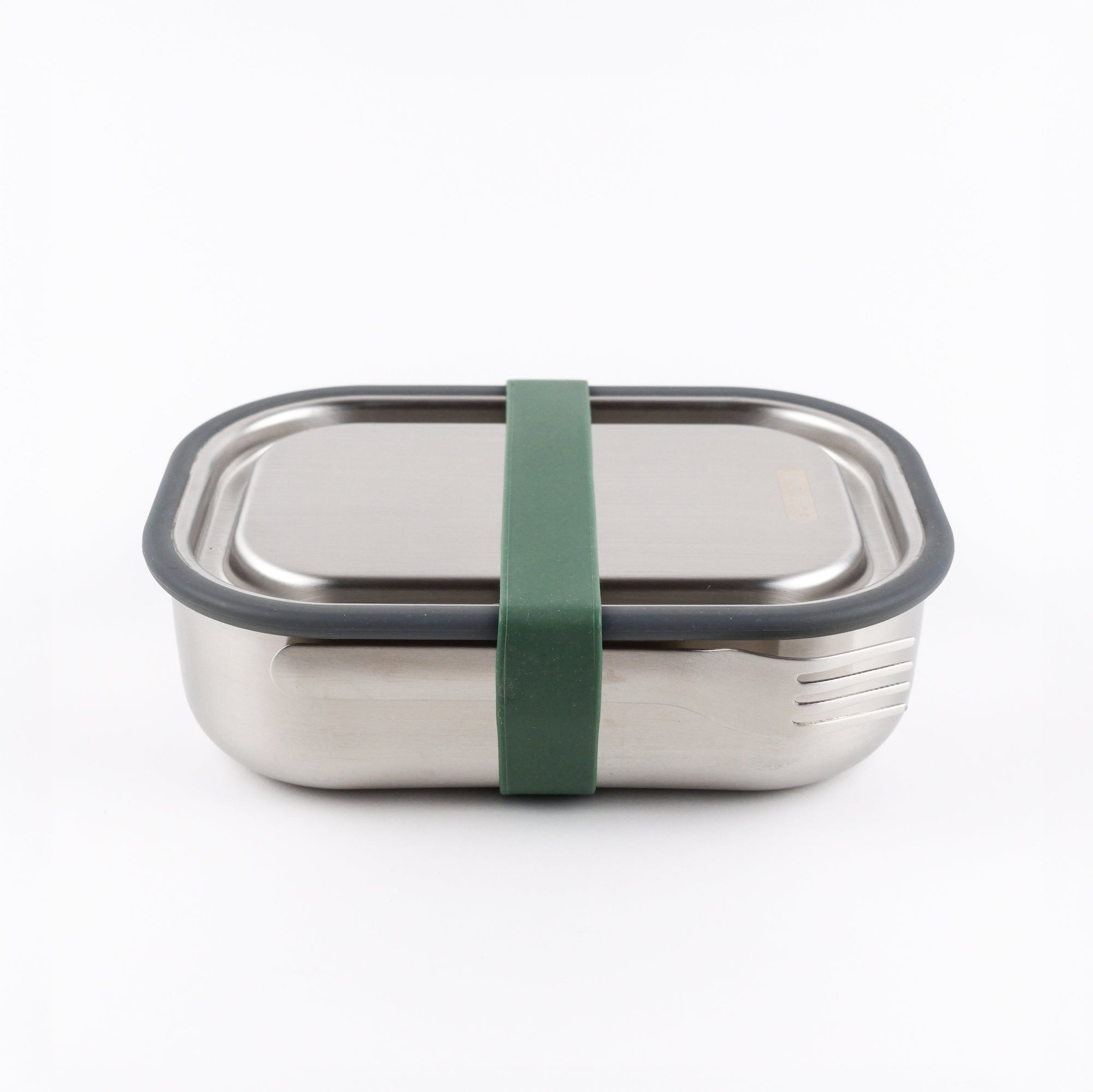 Stainless steel lunch box with a green strap on a white background