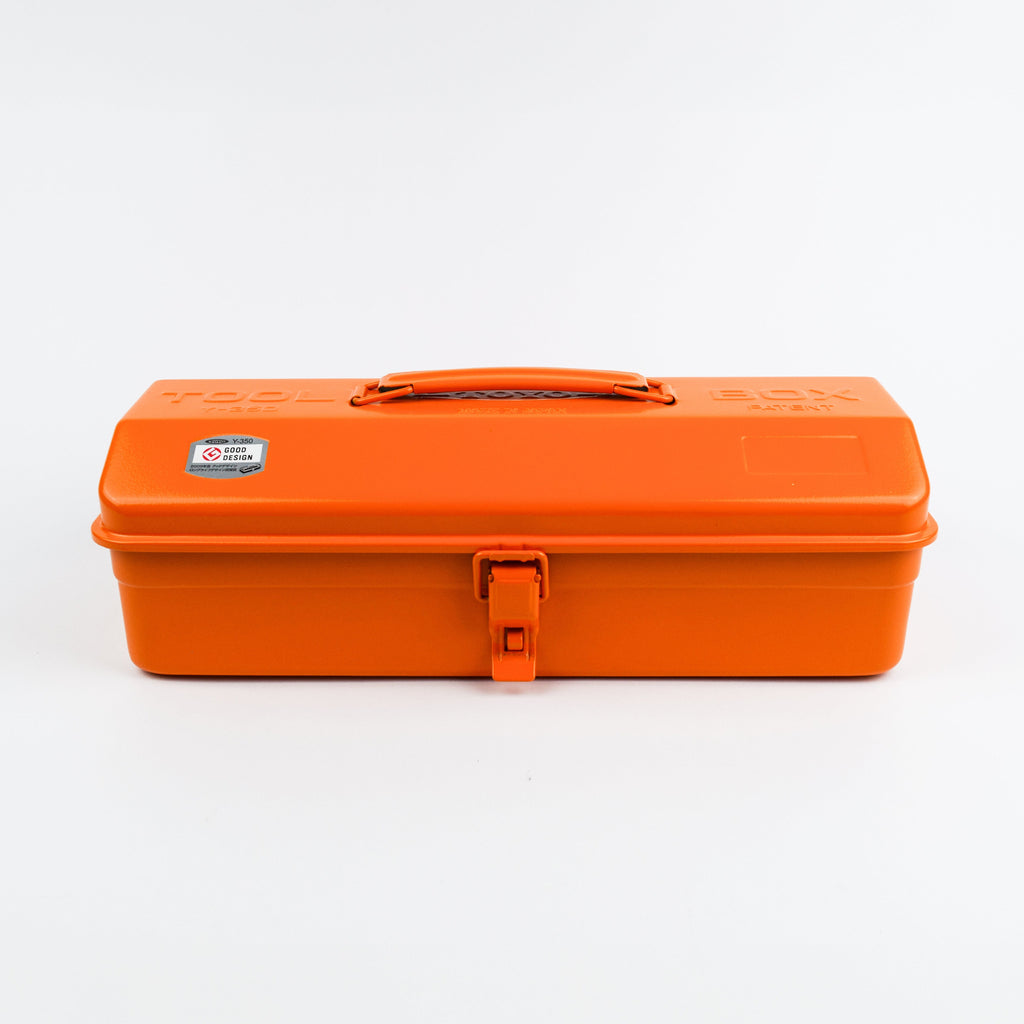 Orange toolbox with a visible brand logo on a white background