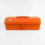 Orange toolbox with a visible brand logo on a white background