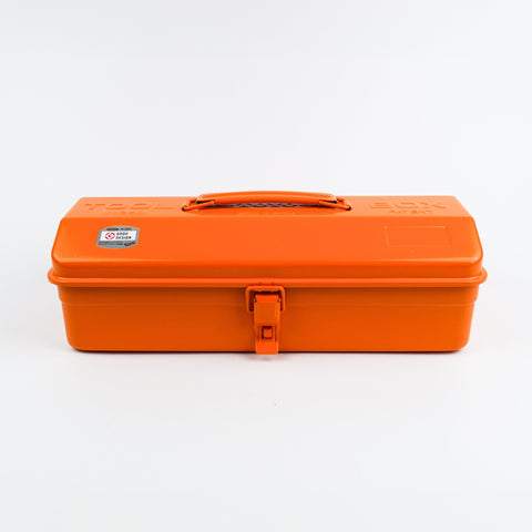 Orange toolbox with a visible brand logo on a white background