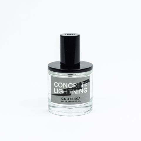 Perfume bottle labeled 'Concrete Lightning' by D.S. & Durga on a white background
