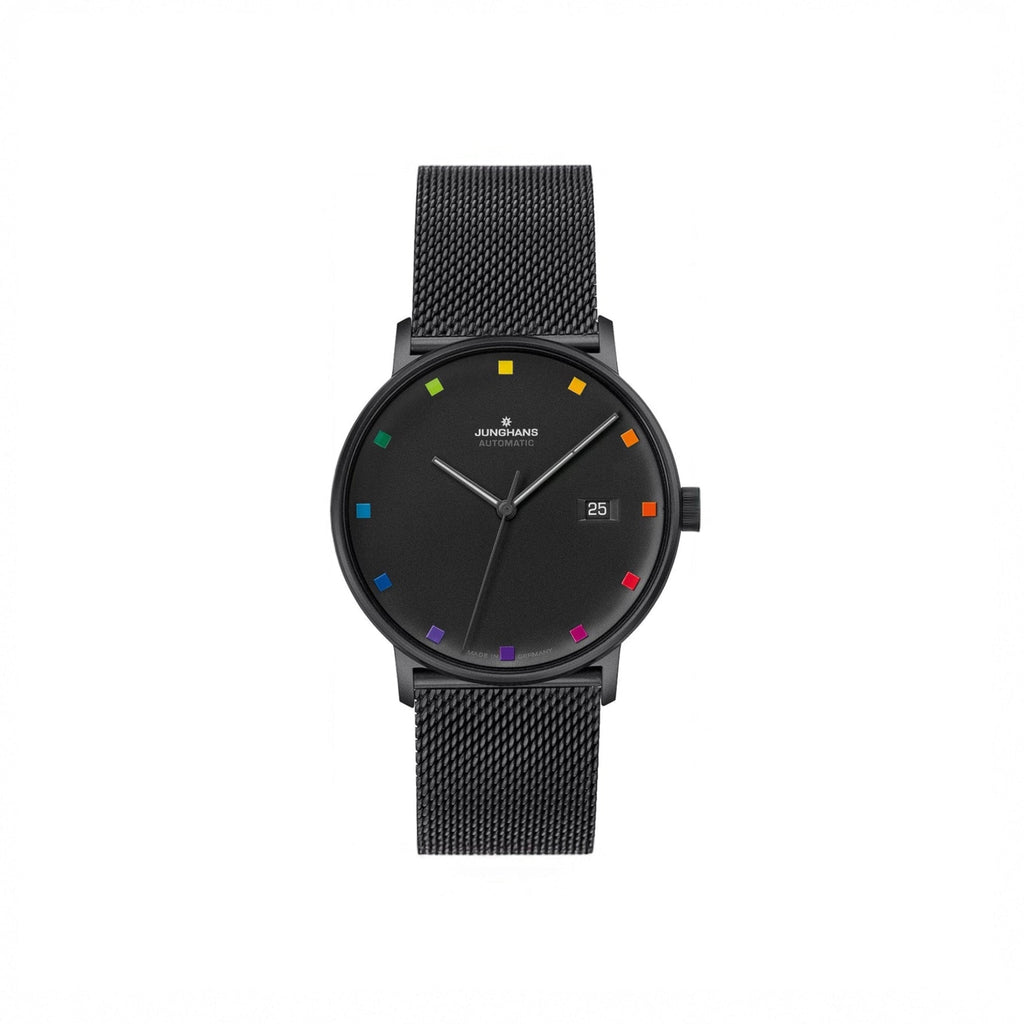 Black watch with colorful accents on a white background