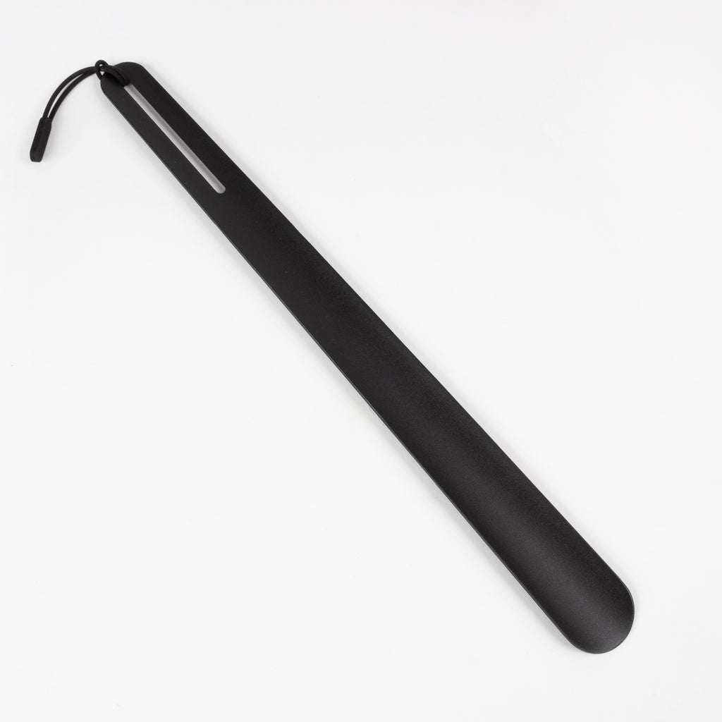 long handled black metal shoehorn 